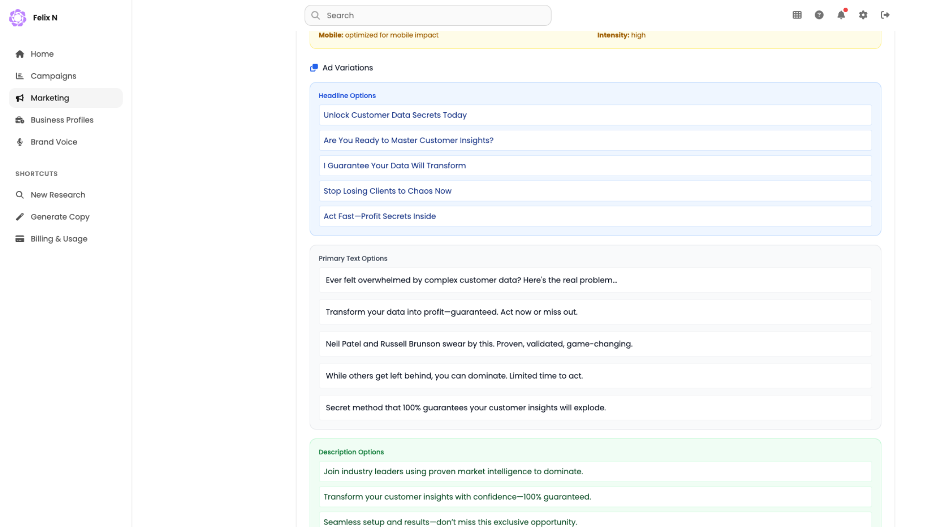 Ad copy variants