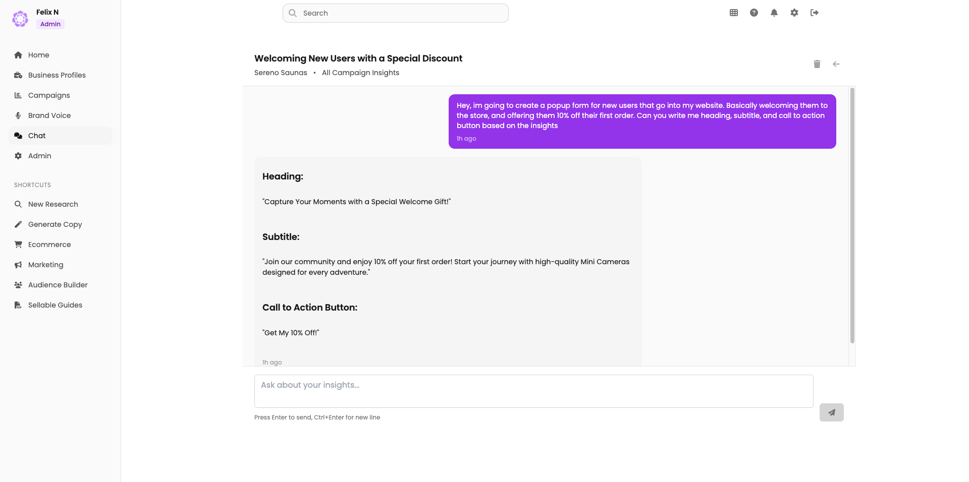 AI Chat Assistant using customer insights for research and ideation