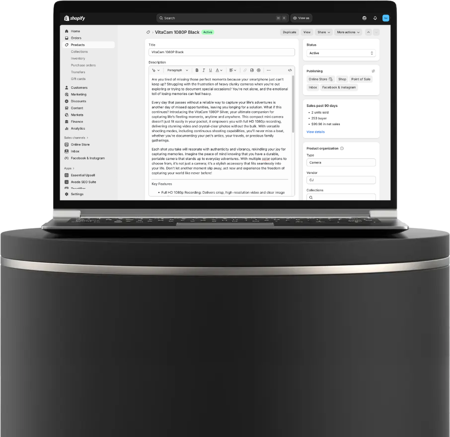 Shopify product page with Wethryv-generated description showing sales data