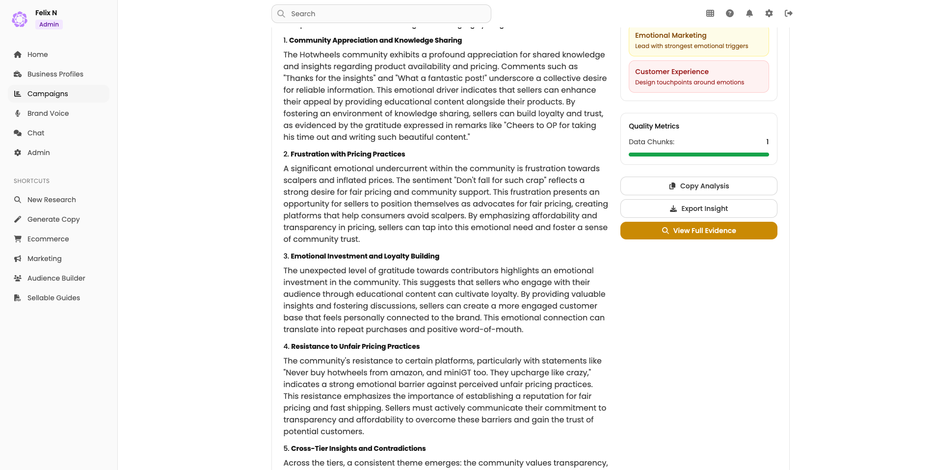 WeThryv dashboard showing Koi Koi Droplets customer insights and pain points