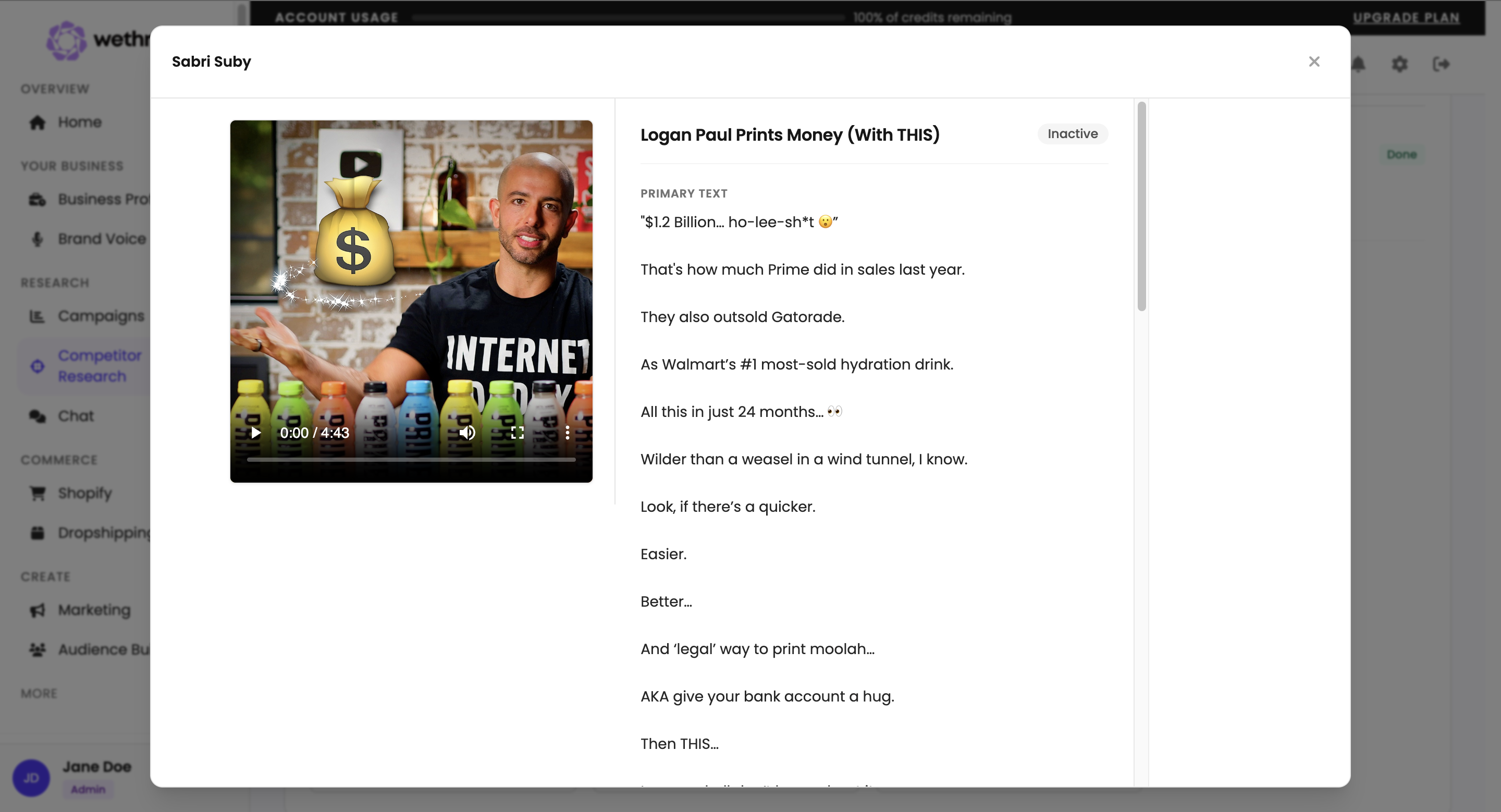 Competitor ad creatives and landing page themes in WeThryv