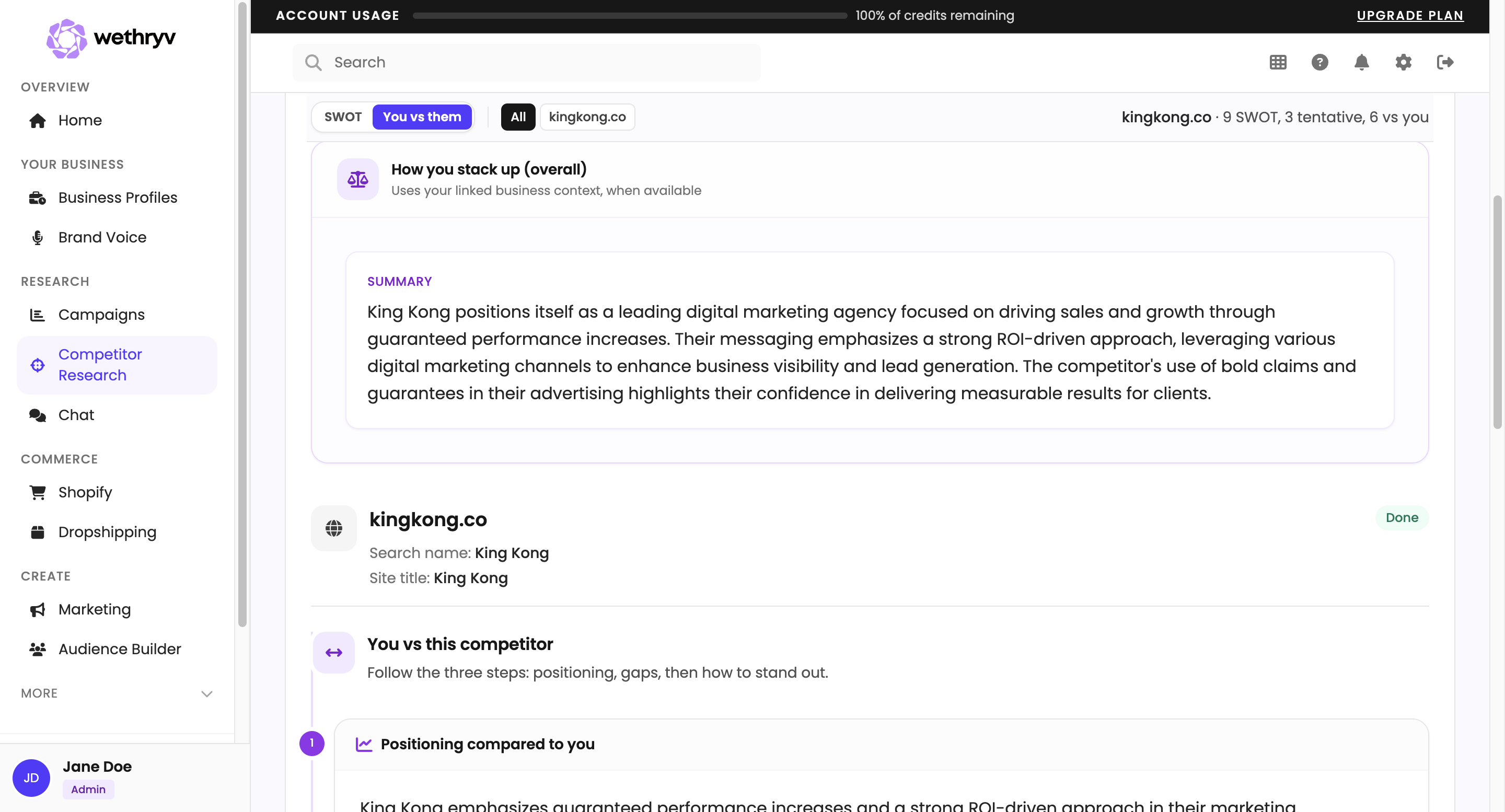 Side-by-side competitor positioning compared to your brand in WeThryv