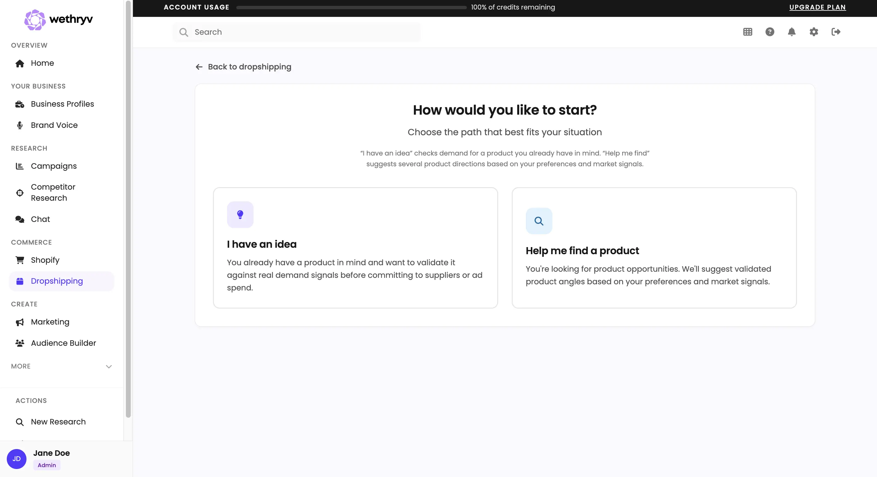 WeThryv research summary showing structured product validation context