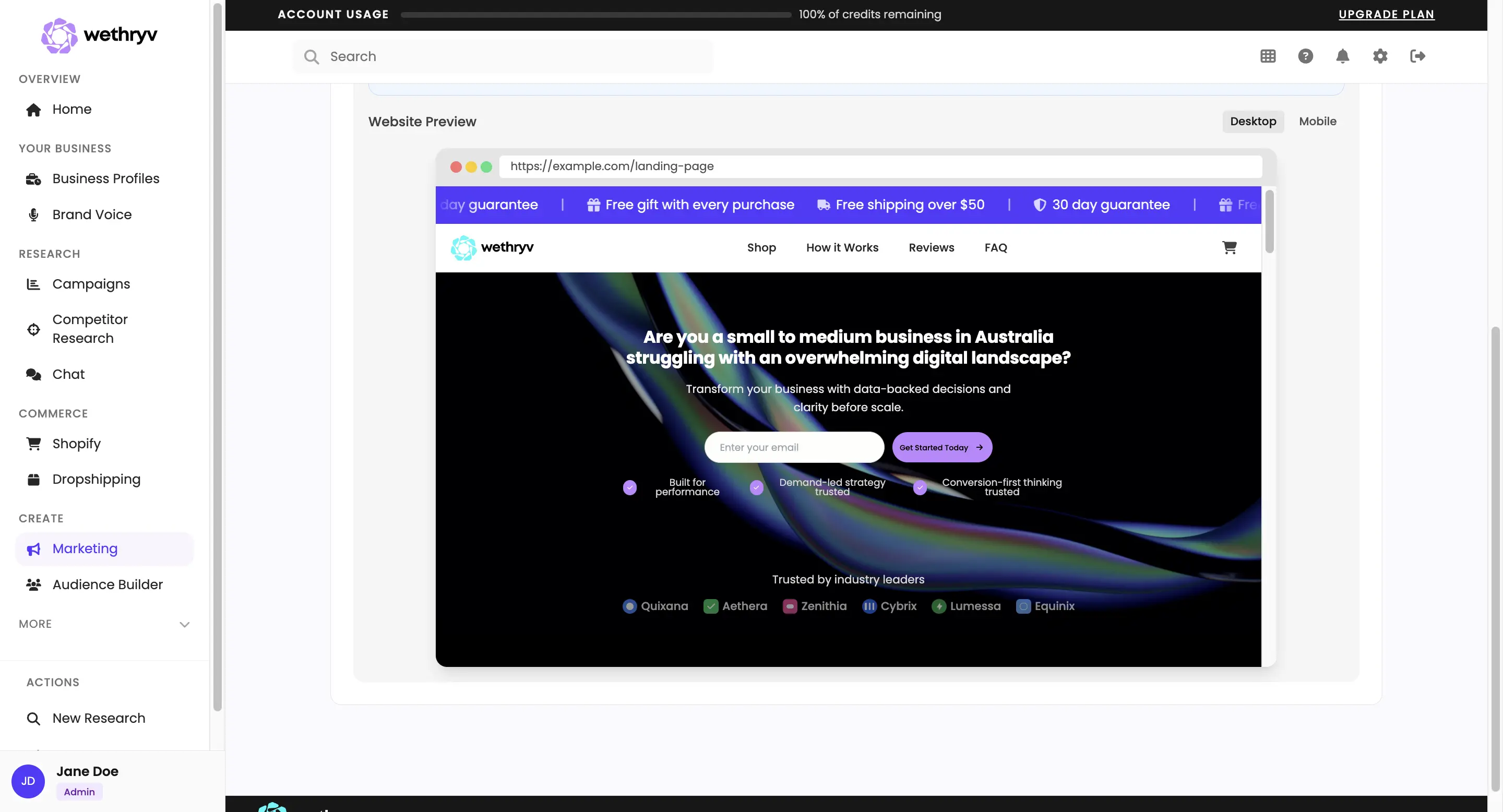 Generated marketing copy in WeThryv